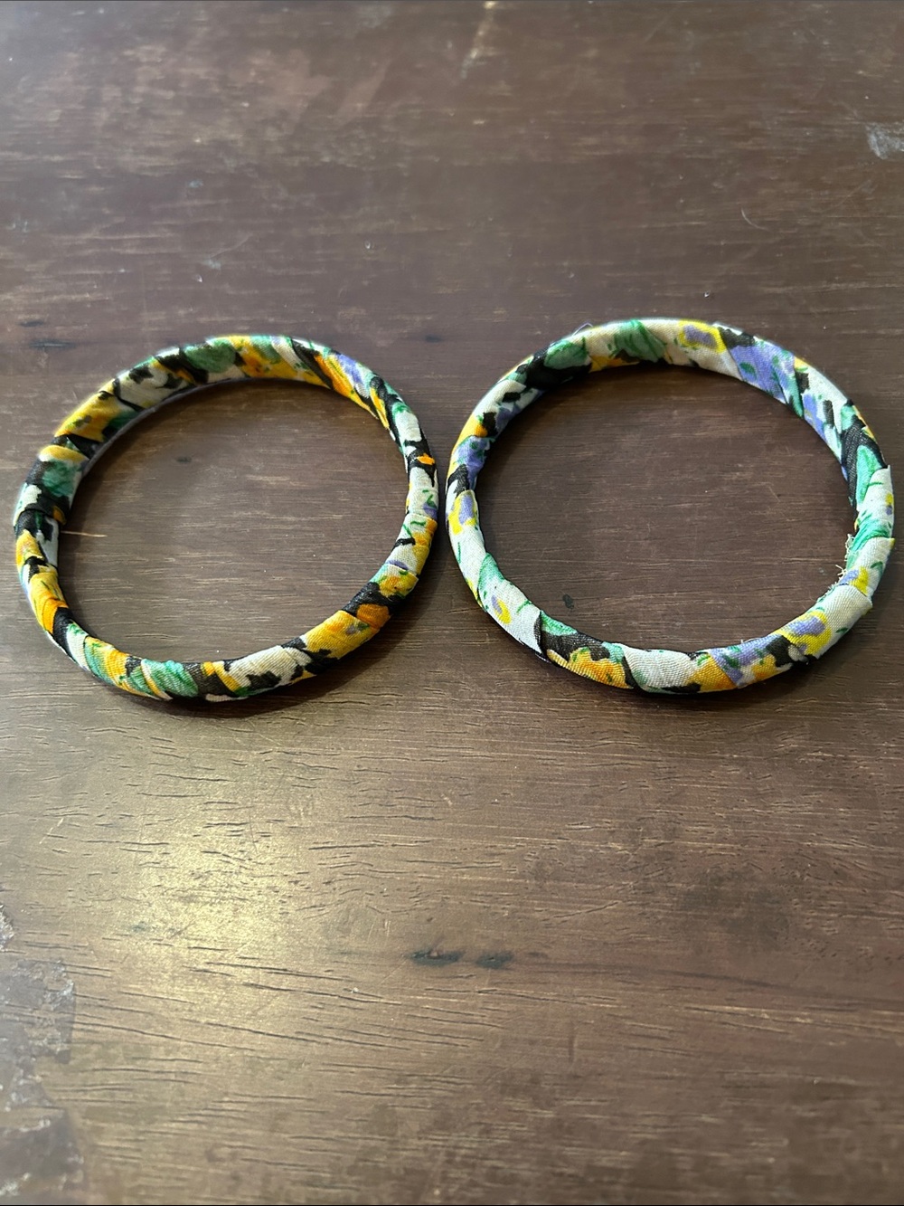 Fabric-Wrapped Floral Bangle — Yellow, Green, Purple